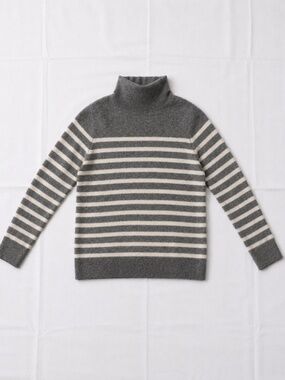 Vince 100% Cashmere Gray Ivory Striped Turtleneck Sweater L